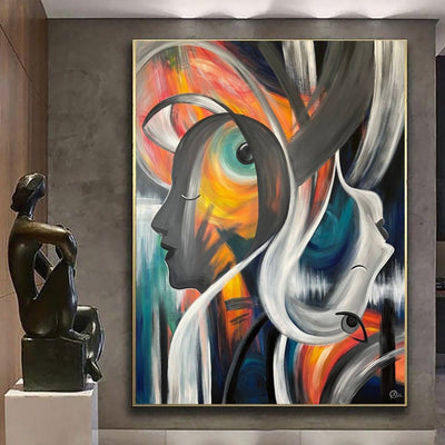 Large Figurative Art on Canvas: Abstract Faces Painting in Custom Size as Modern Textured Wall Art for Living Room Wall Decor | SOUL MATES
