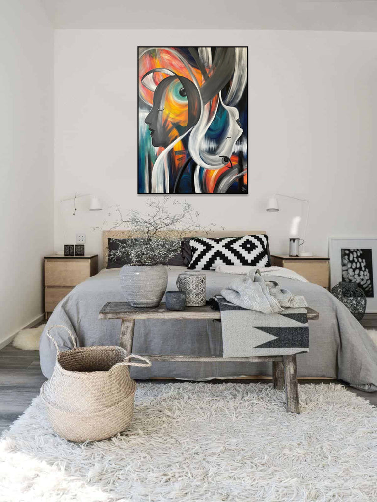 Large Figurative Art on Canvas: Abstract Faces Painting in Custom Size as Modern Textured Wall Art for Living Room Wall Decor | SOUL MATES